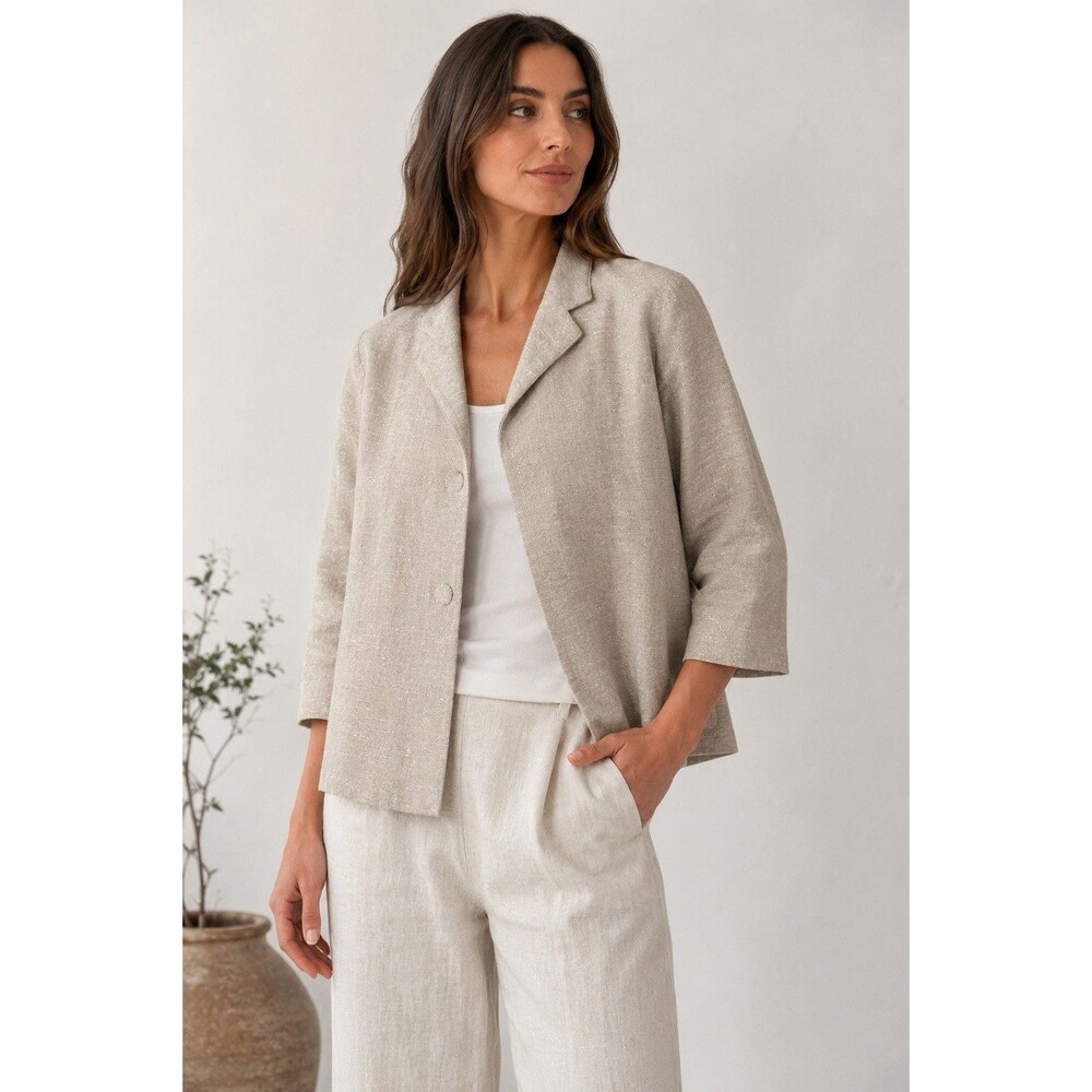 Eileen Fisher Linen Silk Bouclé Jacket Beige Quiet Luxury Minimalist Coastal XS